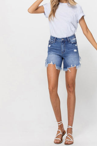 HARMONIOUS HIRISE DISTRESSED SHORTS WITH SIDE NOTCH DETAIL