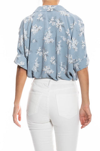 BOXY SHORT SLEEVE FLORAL BUTTON DOWN WOVEN TOP