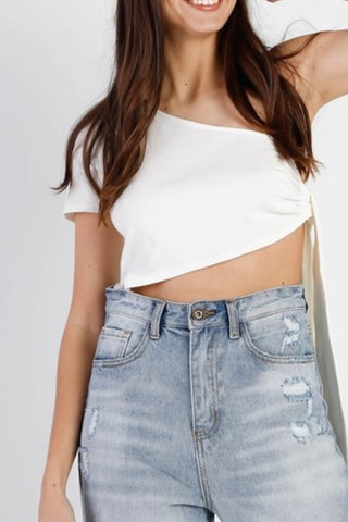 ONE SHOULDER SIDE TIE CROP TOP