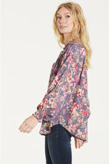 MONA BUBBLE SLEEVE RELAXED TIE NECK FLORAL TOP