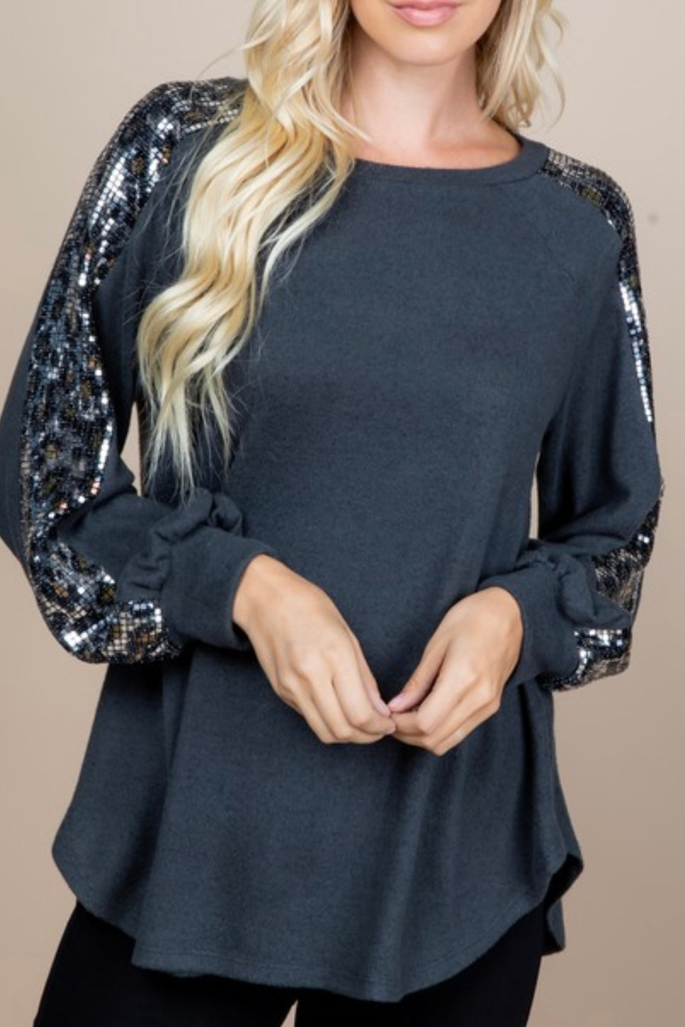 LONG SLEEVE HACCI SWEATER WITH LEOPARD SEQUIN DETAIL