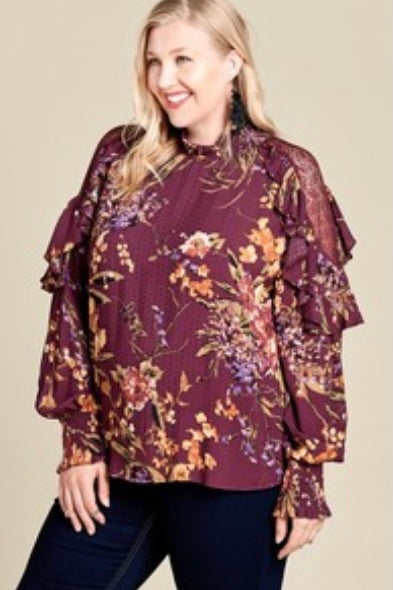 CURVY RUFFLED LONG SLEEVE FLORAL TOP WITH LACE SHOULDER INSETS