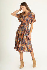 ADELYN CROSS OVER FRONT MIDI DRESS WITH SMOCKED WAIST