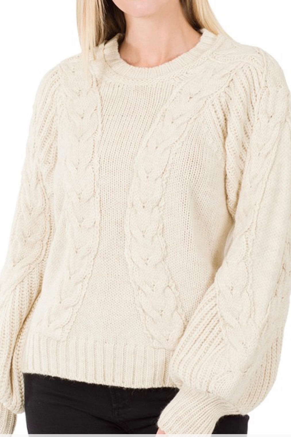 BALLOON SLEEVE CABLE KNIT SWEATER