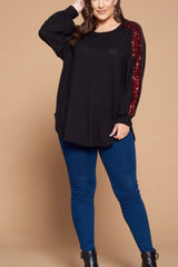 CURVY LONG SLEEVE HACCI SWEATER WITH SEQUIN SLEEVE DETAIL