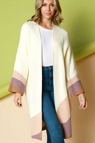 LONG OPEN SWEATER CARDIGAN WITH COLOR BLOCK DETAIL