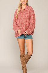LONG SLEEVE LEAF PRINTED BUTTON DOWN TOP