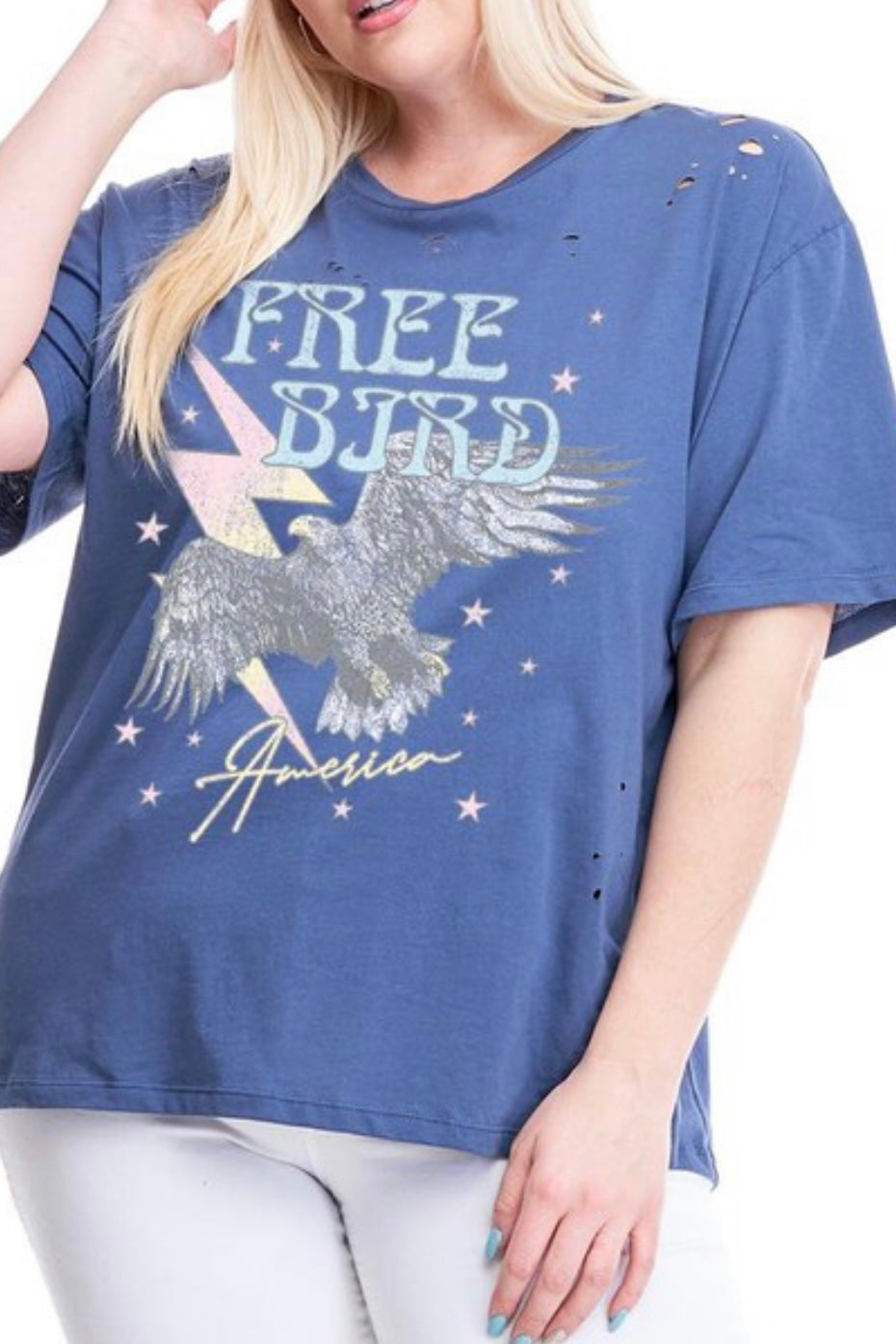 CURVY SHORT SLEEVE FREE BIRD DISTRESSED TEE