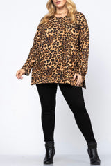 CURVY LONG SLEEVE LEOPARD PRINT PULLOVER WITH SIDE SLITS