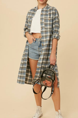 PLAID BUTTON DOWN MIDI LENGTH SHIRT DRESS