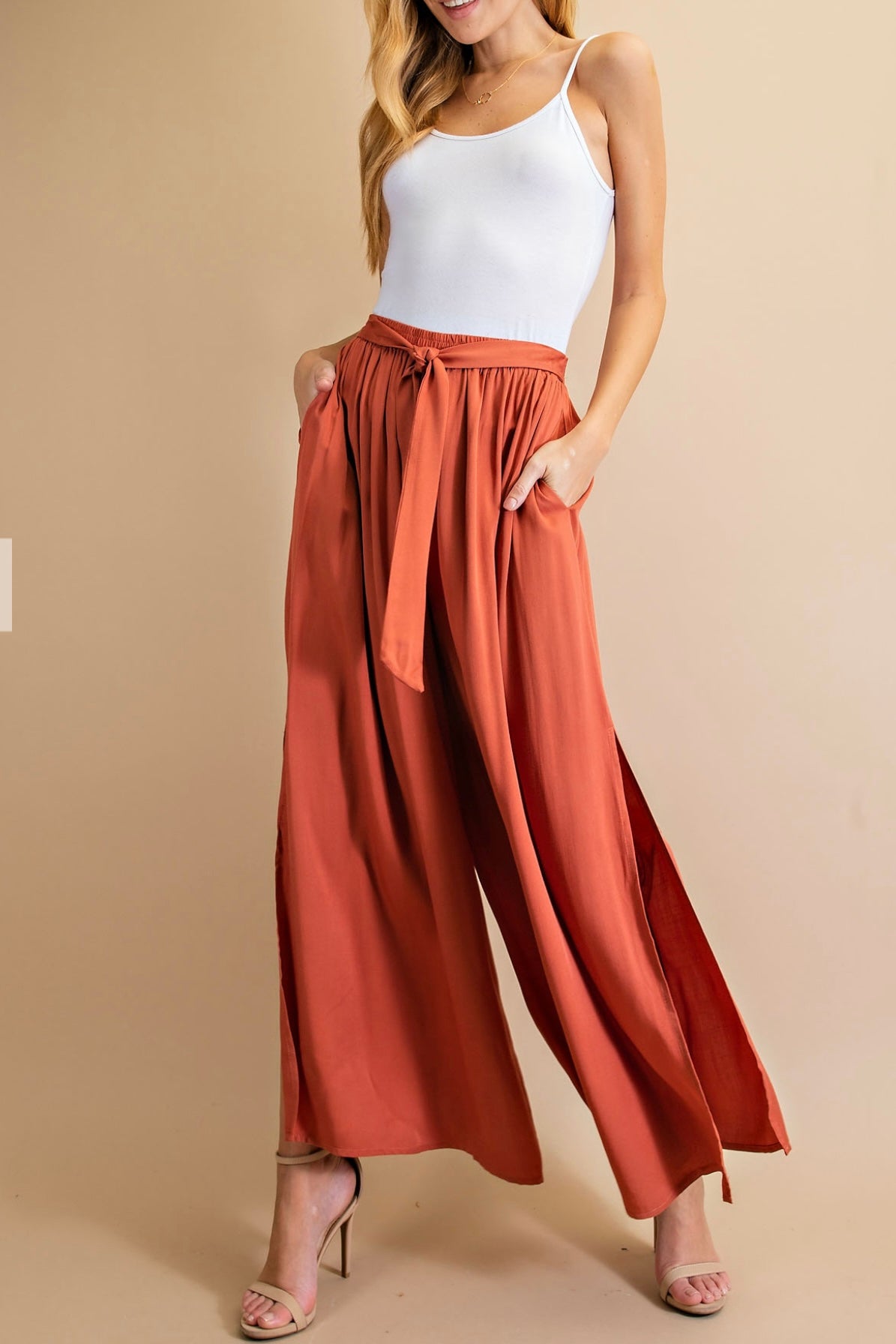 CURVY WIDE LET PANTS WITH TIE ELASTIC WAIST AND SIDE SLITS