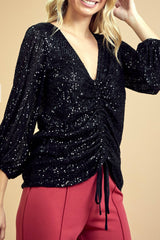 3/4 BALLOON SLEEVE SEQUIN TOP WITH ADJUSTABLE ROUCHED FRONT