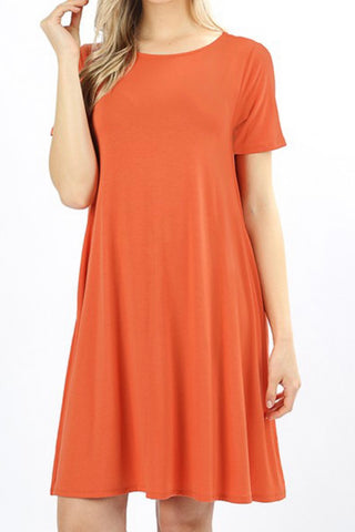 SHORT SLEEVE ROUND NECK DRESS WITH POCKETS