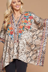 VNECK WOVEN SNAKEPRINT PULLOVER WITH FLORAL EMBROIDERY
