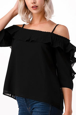 PLEATED RUFFLE TRIM OFF SHOULDER TOP