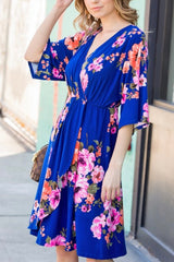 BELL SLEEVE FLORAL FAUX WRAP DRESS