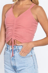 DOUBLE STRAP FRONT RUCHED DETAIL RIB KNIT CAMI TOP