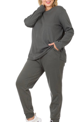 CURVY LONG SLEEVE TOP AND JOGGERS LOUNGE SET