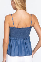 SMOCKED FRONT WITH RUCHED DETAIL PEPLUM HEM WOVEN TENCEL CAMI