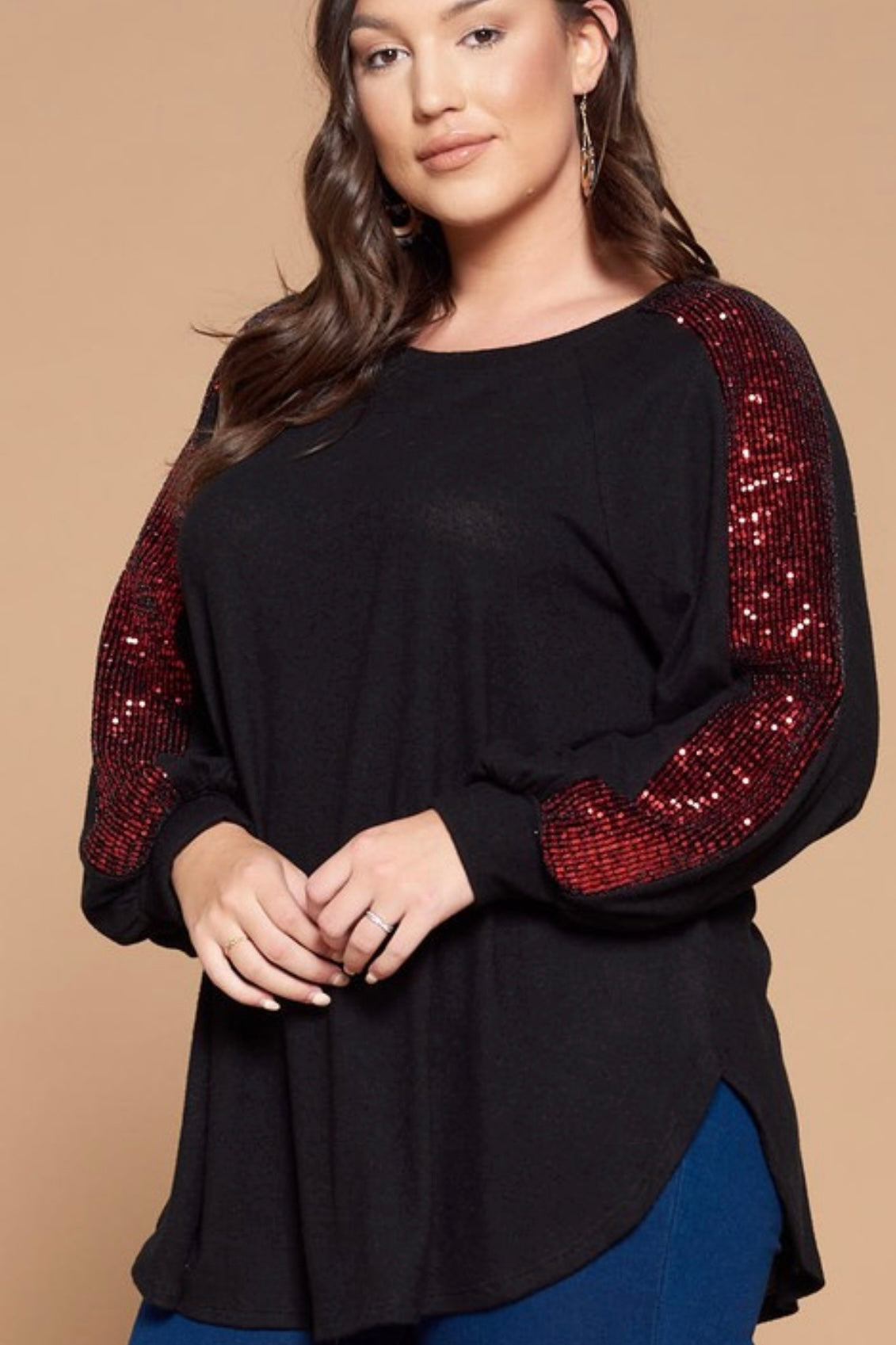 CURVY LONG SLEEVE HACCI SWEATER WITH SEQUIN SLEEVE DETAIL