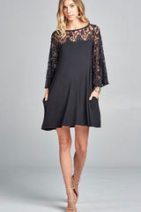 KNIT DRESS WITH POCKETS AND LACE BELL SLEEVES