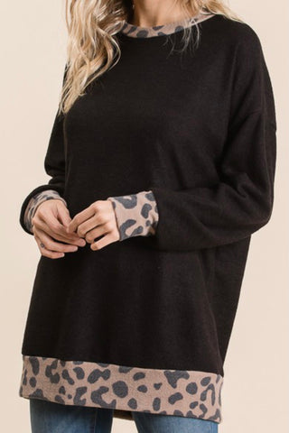 LONG SLEEVE BRUSHED TOP WITH LEOPARD CUFF AND TRIM