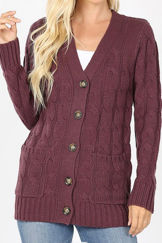 CURVY LONG SLEEVE CABLE KNIT BUTTON DOWN CARDI