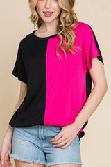 SHORT SLEEVE COLOR BLOCK ROUND NECK TOP