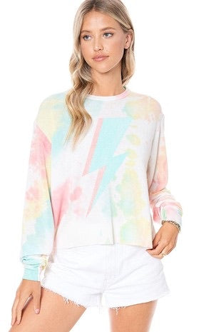 PASTEL BOLTS GRAPHIC TIE DYE LONG SLEEVE FRENCH TERRY TEE