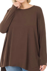 CURVY LONG DOLMAN SLEEVE BOXY FIT TOP WITH SIDE SLITS