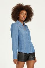 CORDELIA PLEATED LONG SLEEVE RELAXED FIT DENIM SHIRT