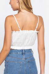 FRONT TIE DETAIL EYELET CROP CAMI WOVEN TOP
