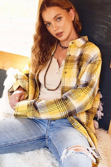 LONG SLEEVE PLAID FLANNEL BUTTON DOWN TOP