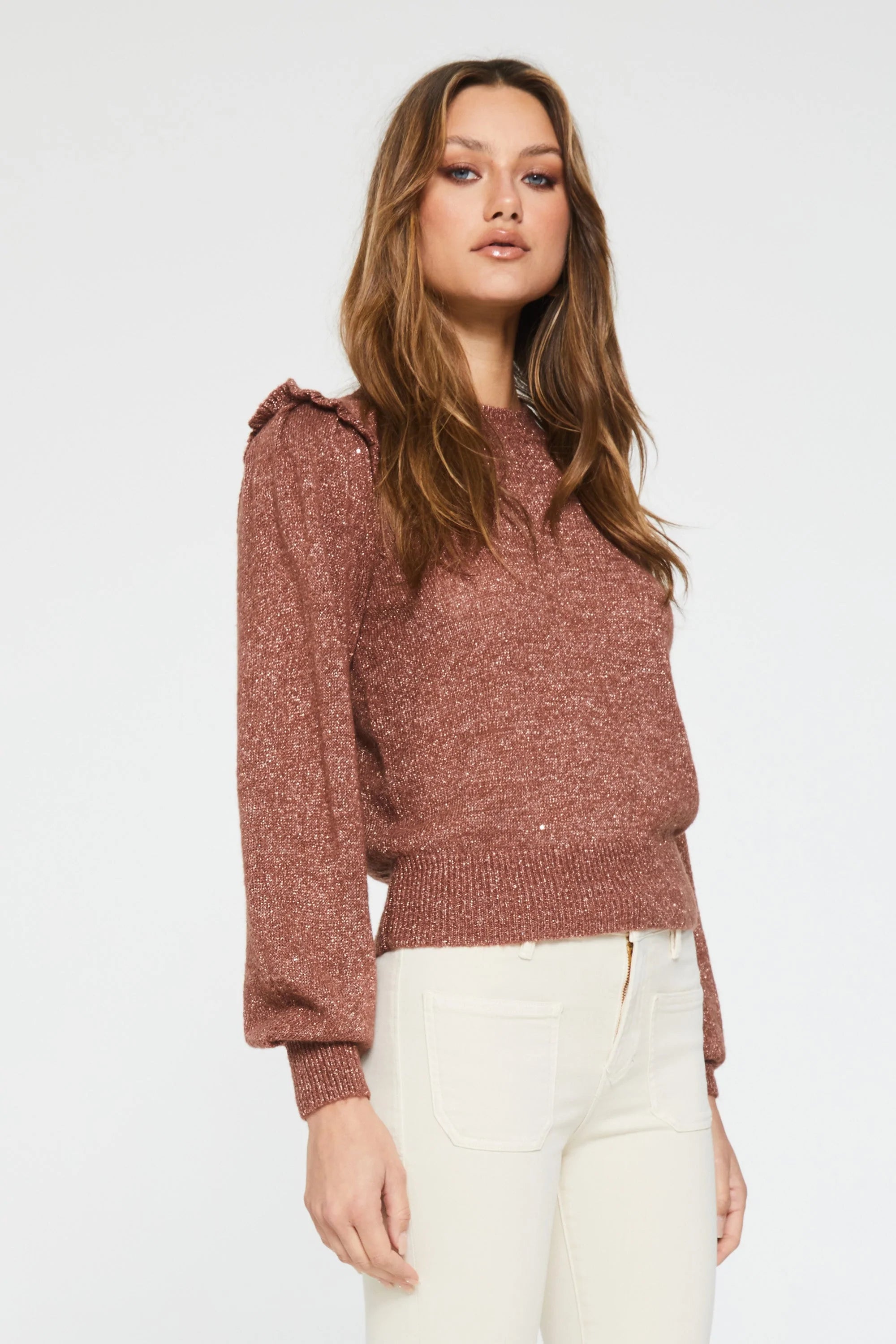VERA CREW NECK SWEATER WITH RUFFLE SHOULDER DETAIL