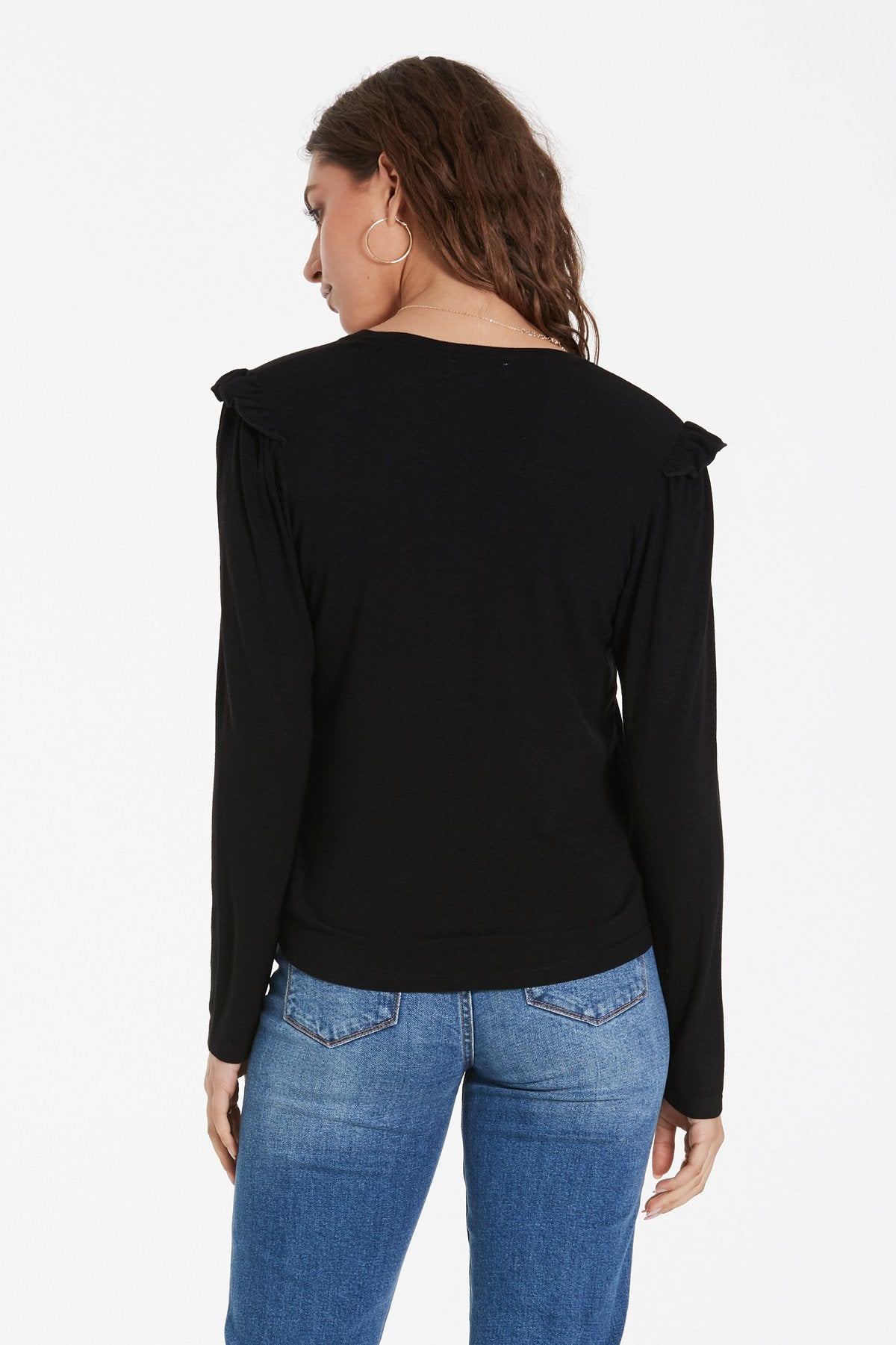 CRYSTAL LONG SLEEVE BASIC WITH RUFFLE SHOULDER DETAIL