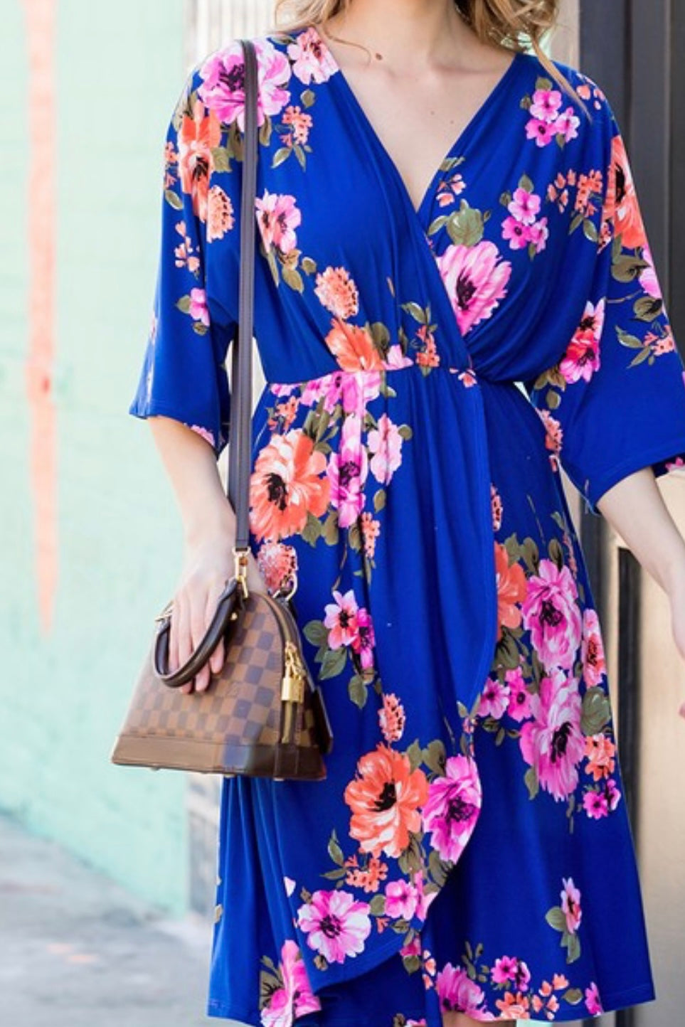 BELL SLEEVE FLORAL FAUX WRAP DRESS