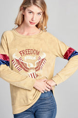 MINERAL WASH LONG SLEEVE AMERICAN FREEDOM GRAPHIC TOP WITH VELVET DETAIL