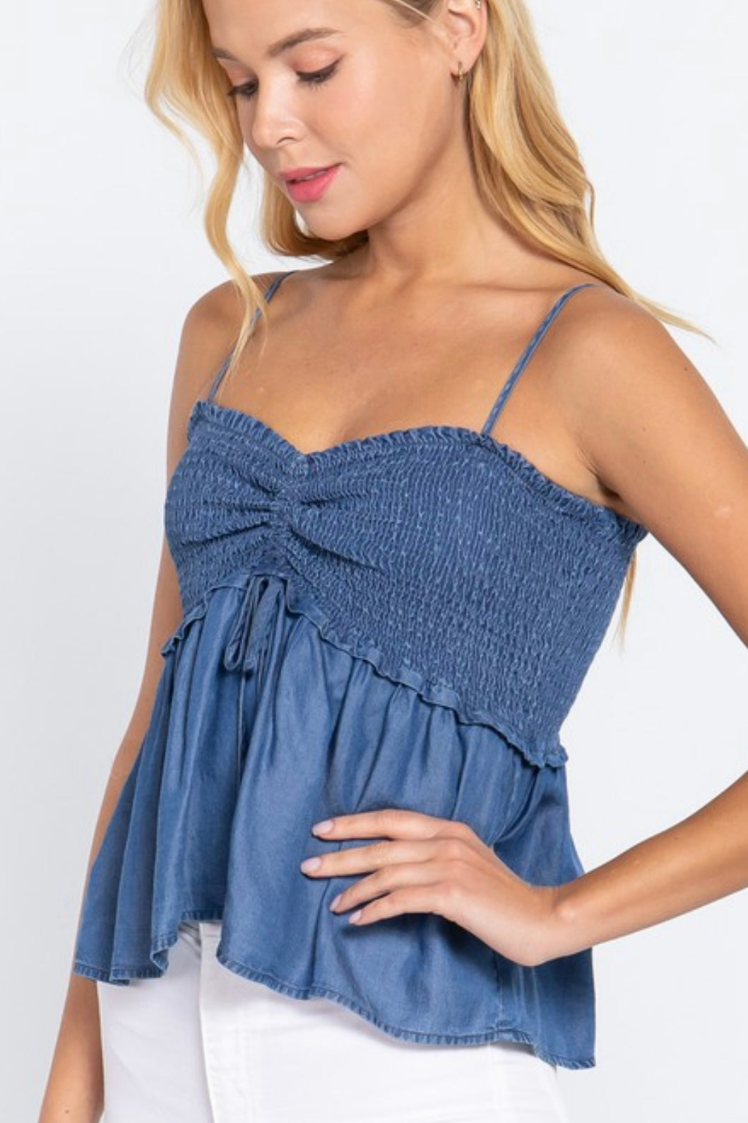 SMOCKED FRONT WITH RUCHED DETAIL PEPLUM HEM WOVEN TENCEL CAMI