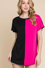 SHORT SLEEVE COLOR BLOCK ROUND NECK TOP