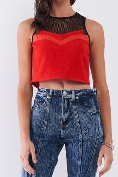 MESH TOP CROPPED TANK WITH VEGAN LEATHER TRIM