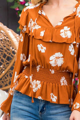 FLORAL RUFFLE SHOULDER TOP WITH SMOCKED WAIST