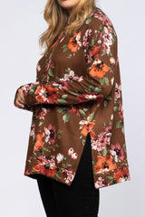 CURVY LONG SLEEVE FLORAL PRINT TOP WITH SIDE SLITS