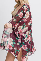 SWISS DOT CHIFFON FLORAL KIMONO WITH SIDE SLITS