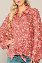 LONG SLEEVE LEAF PRINTED BUTTON DOWN TOP